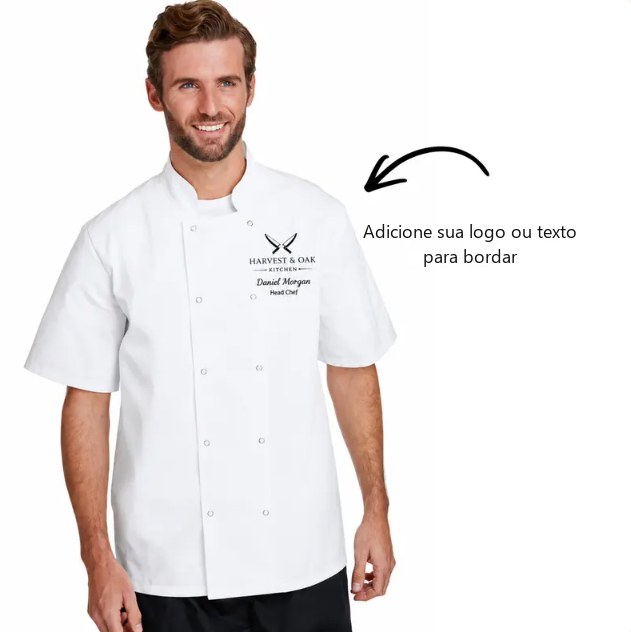 Dólmã de chef com logo e nome bordados no peito — adicione sua logo ou texto para bordar