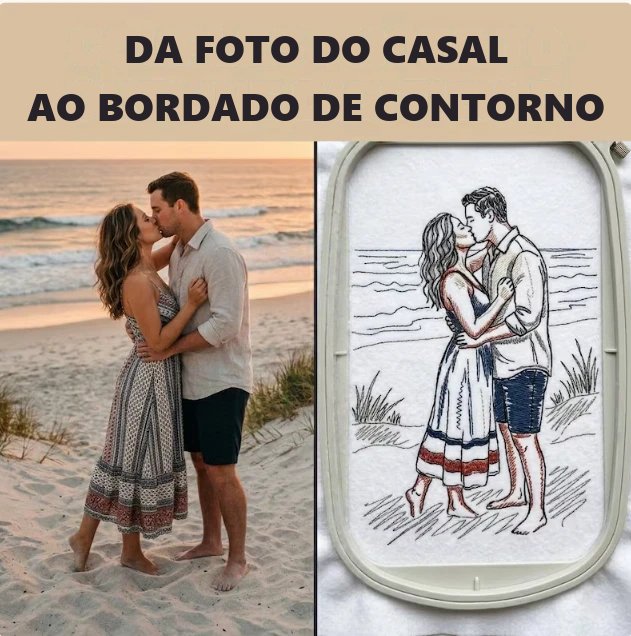 Foto de casal na praia transformada em bordado de contorno no bastidor
